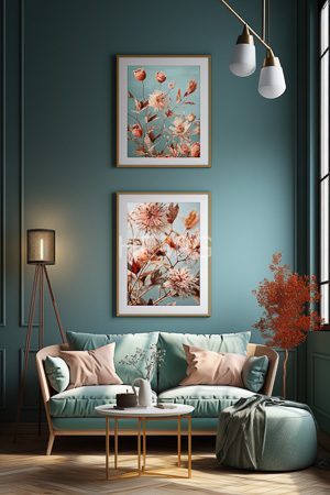 High Resolution: Elegant living room with teal walls features two framed floral paintings above a mint-green sofa adorned with beige and pastel cushions download. | HRJPG.com