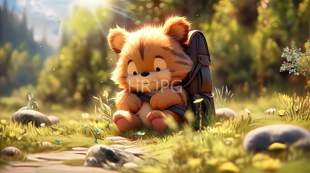 High Resolution: Adorable fluffy brown ursine cub with large eyes and small pink paws sits on grassy ground in a sunlight-dappled forest clearing wearing black backpack straps download. | HRJPG.com