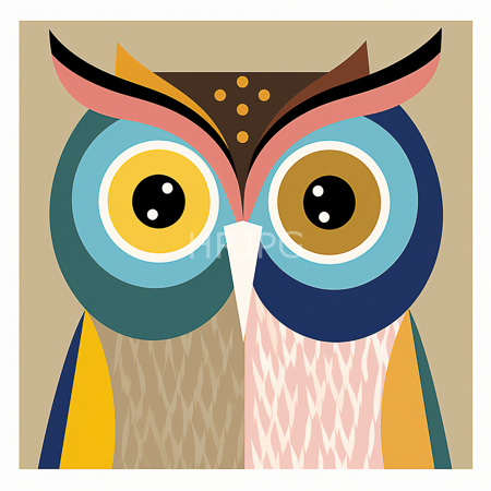 High Resolution: Owl with large expressive yellow eyes and prominent black pupils features colorful plumage in shades of blue green brown pink orange and cream with geometric patterns download. | HRJPG.com
