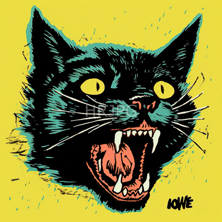 High Resolution: Angry black feline with bright yellow eyes sharp white fangs exposed in its open mouth against a vibrant yellow background with teal highlights on fur and whiskers download. | HRJPG.com