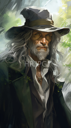 High Resolution: Older figure with long wavy gray hair and beard wears a wide-brimmed hat adorned by a yellow band with piercing green eyes under furrowed brows download. | HRJPG.com