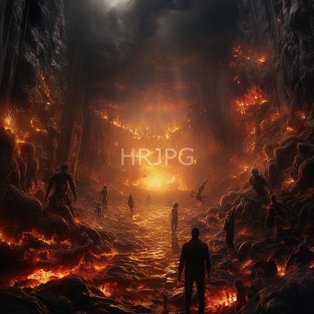 High Resolution: Intense fiery cavern with glowing orange and red lava flows illuminating jagged rock formations silhouetted figures of warriors in dark armor stand along rocky paths download. | HRJPG.com