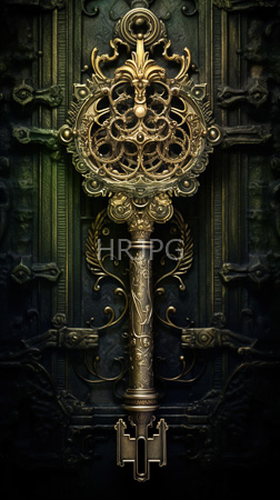High Resolution: Ornate medieval-style brass key with intricate floral and scrollwork patterns on its headpiece has detailed vine motifs along its shaft against dark green metal paneling download. | HRJPG.com
