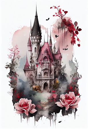 High Resolution: Enchanting gothic-style castle with multiple spires and pink roofs surrounded by dark foliage and vibrant red roses at the bottom delicate black birds fly nearby download. | HRJPG.com