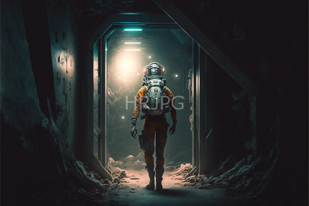 High Resolution: Astronaut in full gear walks through a dimly lit narrow corridor of a damaged space station walls covered by debris on either side with bright light at the end download. | HRJPG.com