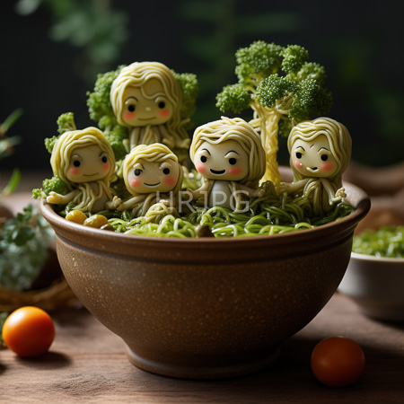 High Resolution: Six adorable small figurines resembling cute human-like characters with blonde hair and rosy cheeks sit in green broccoli florets inside an earthy brown bowl download. | HRJPG.com