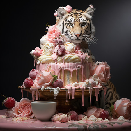 High Resolution: Intricately decorated two-tiered pink cake with melting chocolate and cream drips adorned by roses and strawberries on top with a realistic feline head positioned at the center back download. | HRJPG.com