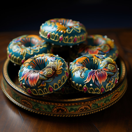 High Resolution: Six intricately painted donut-shaped ceramic bowls stacked in two tiers on an ornate wooden tray featuring vibrant reptilian predator designs against teal backgrounds download. | HRJPG.com