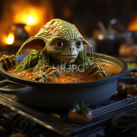 High Resolution: Ugly green-skinned goblin with large ears and droopy eyes eating soup from a black pot on a stovetop in front of warm orange flames with slimy skin texture download. | HRJPG.com