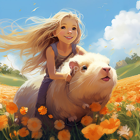 High Resolution: Adorable blonde girl with flowing hair wears purple overalls smiling joyfully as she rides on top of a fluffy white rodent in a vibrant orange flower field download. | HRJPG.com