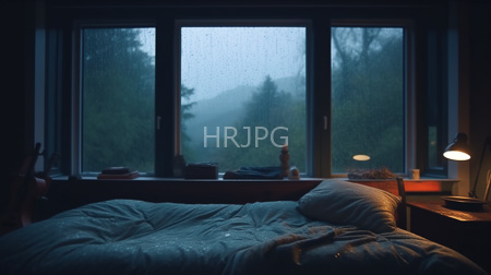 High Resolution: Dim moody bedroom at dusk with rain on large windows showing a misty forest outside features rumpled blue-gray sheets and a pillow beside a wooden nightstand with a lamp download. | HRJPG.com