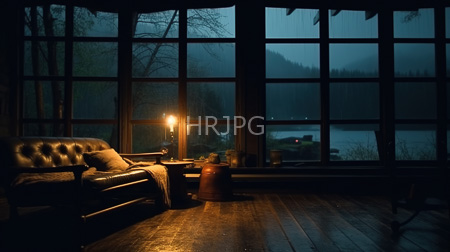 High Resolution: Atmospheric dim-lit room with large windows showing a misty forest and lake at dusk features a dark wooden floorboards and a tufted leather sofa draped in a brown blanket download. | HRJPG.com