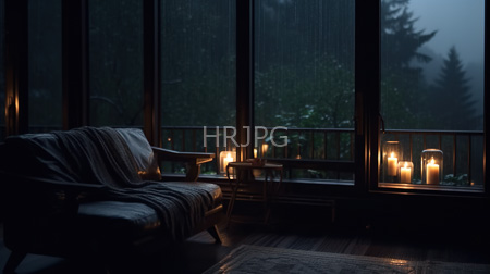 High Resolution: Dim moody indoor scene at night with large windows showing rain and foggy trees outside warm candlelight illuminates wooden furniture including a couch draped in gray blankets download. | HRJPG.com