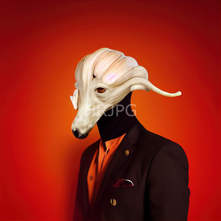 High Resolution: Anthropomorphic figure with a white intricately textured cervine head wears a black suit and red shirt against a vibrant orange background with dark skin download. | HRJPG.com