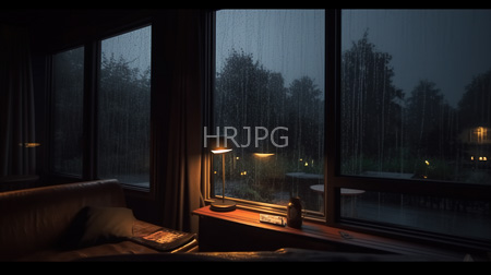 High Resolution: Dim rainy evening in a modern living room with large windows showing raindrops on glass and trees outside warm light from a table lamp illuminates a wooden sideboard holding books download. | HRJPG.com