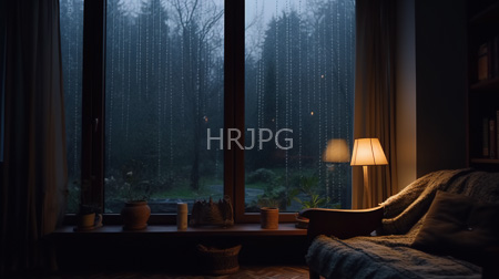 High Resolution: Atmospheric dim-lit bedroom at night with rain visible on large windows showing foggy trees outside warm lamp light illuminates cozy textures including woven baskets download. | HRJPG.com