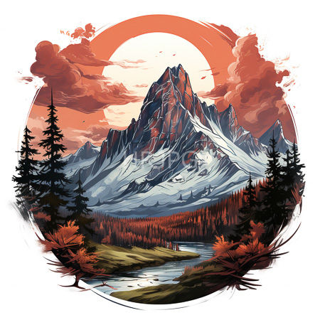 High Resolution: Rugged snow-capped mountains under an orange celestial body with red clouds surrounded by dark pine trees and autumnal foliage reflecting in water at the base download. | HRJPG.com