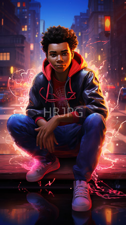 High Resolution: African-American teenage boy with curly hair sits on city steps at dusk wears a red hero-themed hoodie under a dark jacket surrounded by vibrant pink electricity crackling download. | HRJPG.com