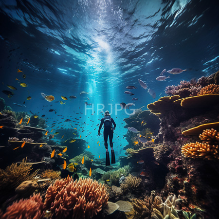 High Resolution: Underwater scene features a scuba diver in a black wetsuit swimming away towards sunlight filtering through the water's surface above surrounded by vibrant coral reef download. | HRJPG.com