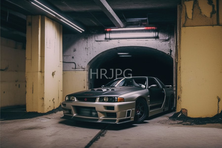 High Resolution: Old silver sports sedan parked in a dim underground parking garage with yellow and gray concrete walls low stance and aftermarket suspension modifications download. | HRJPG.com