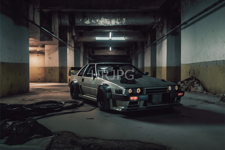High Resolution: Old silver classic sedan with black racing decals parked in a dimly lit underground parking garage featuring concrete columns and low-profile tires on dark rims download. | HRJPG.com