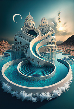 High Resolution: Intricate surreal floating palace with swirling white and turquoise architecture surrounded by water pools under twilight skies featuring crescent celestial bodies download. | HRJPG.com