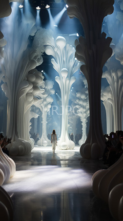 High Resolution: Ethereal futuristic runway show with soft blue and white lighting illuminates surreal tree-like structures resembling abstract sculptures a lone model walks down the glossy floor download. | HRJPG.com