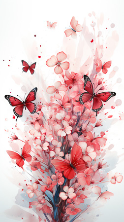 High Resolution: Vibrant red butterflies with black and white patterns fluttering around an explosion-like cluster of pink cherry blossoms on a light gray background download. | HRJPG.com