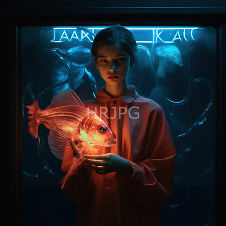 High Resolution: Ethereal young figure with dark hair wears a red-orange hooded shirt in front of a dim blue-lit aquarium background holding a glowing orange-red aquatic creature download. | HRJPG.com