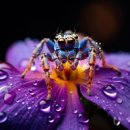 High Resolution: Close-up intricately detailed blue jumping arachnid with large round orange eyes and tiny hairs perched atop vibrant purple petals adorned in dewdrops download. | HRJPG.com