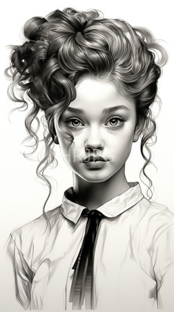 High Resolution: Intricate black-and-white drawing of a young figure with curly hair styled in loose updos and tendrils framing her face with large eyes and full lips slightly parted download. | HRJPG.com
