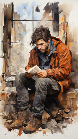 High Resolution: Unkempt bearded figure with tousled brown hair sits on broken brick steps in ruins of buildings wearing a rust-colored raincoat over dark shirt and gray pants download. | HRJPG.com