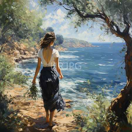 High Resolution: Attractive figure with wavy brown hair seen from behind walks along a rocky coastal path towards vibrant blue ocean waves under bright sunlight wearing a white blouse download. | HRJPG.com