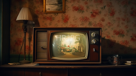 High Resolution: Old brown wooden television set with a rounded screen displaying vintage countryside scenery placed atop dark wood furniture in dim lighting against floral-patterned wallpaper download. | HRJPG.com
