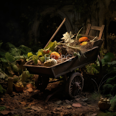 High Resolution: Old wooden wheelbarrow filled with various pumpkins and white flowers in shades of orange yellow-green brown set against darkened stone ruins overgrown by green plants download. | HRJPG.com