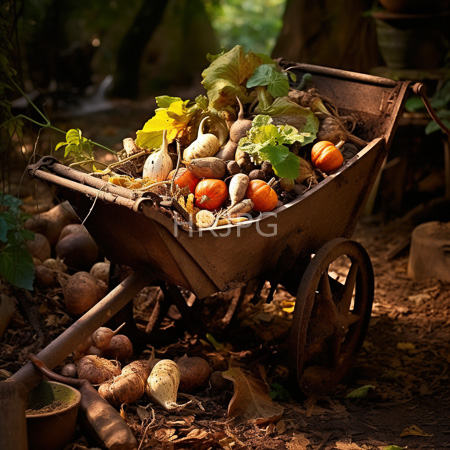 High Resolution: Old rusty wheelbarrow filled with small orange pumpkins and various gourds amidst green leaves surrounded by scattered acorns on a forest floor download. | HRJPG.com