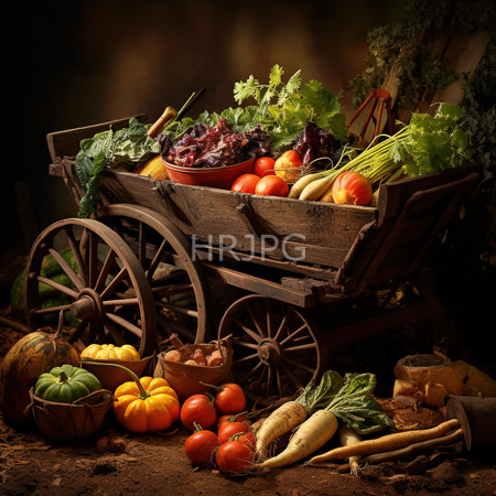 High Resolution: Old wooden cart filled with fresh vegetables including tomatoes lettuce carrots and onions surrounded by pumpkins on the ground in front download. | HRJPG.com