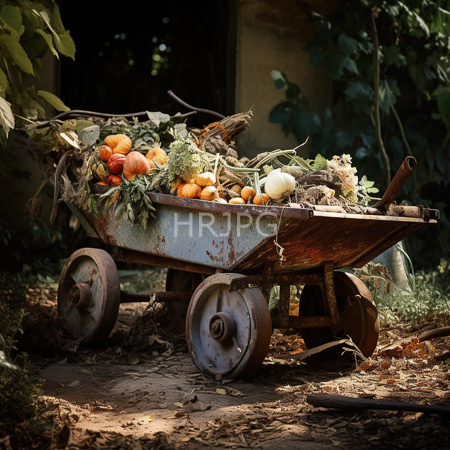 High Resolution: Old rusted wheelbarrow filled with various colorful pumpkins and greenery on a forest ground surrounded by lush foliage in dappled sunlight near a darkened wooden shed download. | HRJPG.com