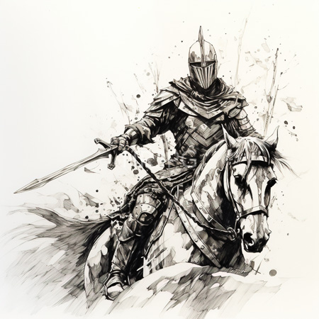 High Resolution: Dynamic black-and-white ink drawing depicts an armored knight riding vigorously on horseback while wielding a sword with the background splattered abstractedly download. | HRJPG.com