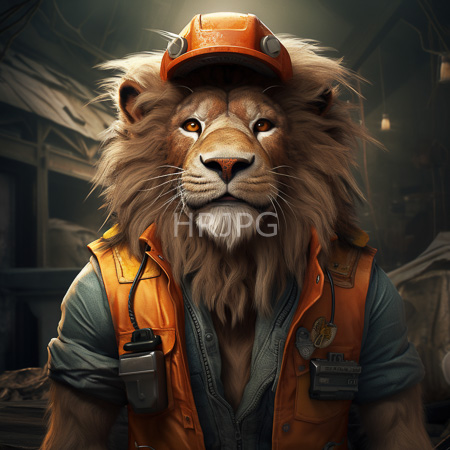 High Resolution: Anthropomorphic lion wears an orange safety helmet matching vest over a blue shirt with a name tag and whistle in a dim industrial setting download. | HRJPG.com