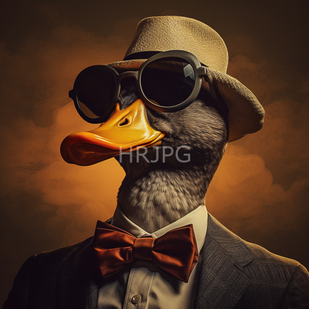 High Resolution: Anthropomorphic flightless bird with gray feathers wears black round sunglasses under a beige fedora hat dressed in a dark suit jacket and red bow tie download. | HRJPG.com