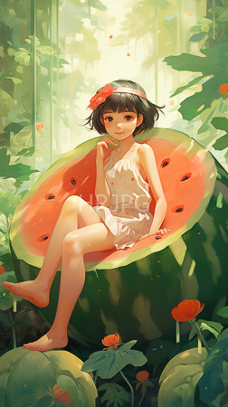 High Resolution: Anime-style adorable young girl with short black hair adorned by red flowers sits atop a half-cut watermelon slice amidst lush greenery filled with orange poppies download. | HRJPG.com