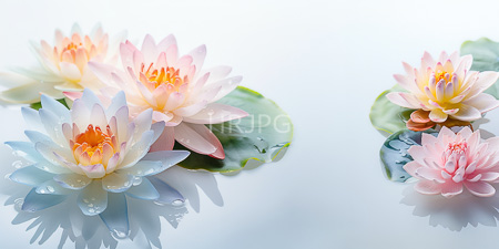 High Resolution: Four pastel-colored aquatic flowers with pink white and blue petals floating on green leaves in clear shallow water each flower has yellow stamens adorned by droplets download. | HRJPG.com