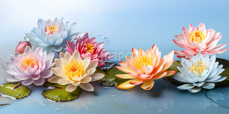 High Resolution: Vibrant aquatic flowers in various shades pink peachy-orange yellow-greenish-blue and white with bright centers floating on green leaves over reflective blue-tinted water download. | HRJPG.com