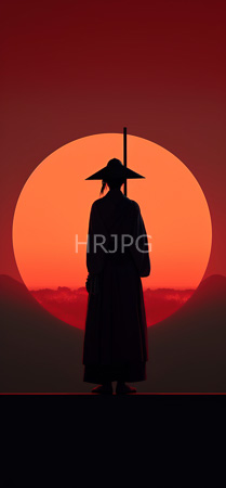 High Resolution: Anonymous silhouetted figure in traditional Japanese attire with a wide-brimmed hat and long robe stands before a large red-orange celestial body setting over desert-like hills download. | HRJPG.com
