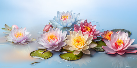 High Resolution: Vibrant aquatic flowers floating on a calm reflective blue pondwater feature six pink to white blossoms varying in color intensity surrounding bright yellow stamens download. | HRJPG.com
