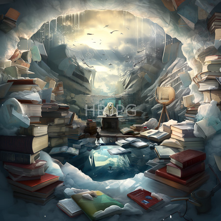 High Resolution: Icy cave with sunlight streaming through illuminates scattered books and papers on jagged ice formations around a central pool of water with a small figure in yellow robes reading download. | HRJPG.com