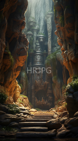 High Resolution: Ancient mystical temple nestled in towering rocky cliffs with lush greenery and moss-covered surfaces a stone staircase leads to ornate carvings on central pillars download. | HRJPG.com