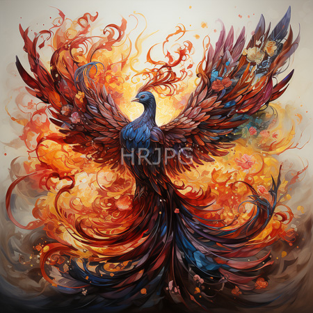 High Resolution: Elaborate fiery avian creature with vibrant reds and oranges in its wings and blue feathers on its head contrasts sharply against swirling flames adorned by pink flowers download. | HRJPG.com