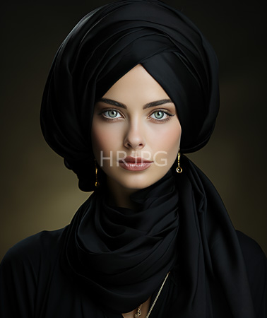 High Resolution: Photorealistic attractive young figure with fair skin green eyes and full lips wears a black head covering and matching scarf with gold hoop earrings visible download. | HRJPG.com